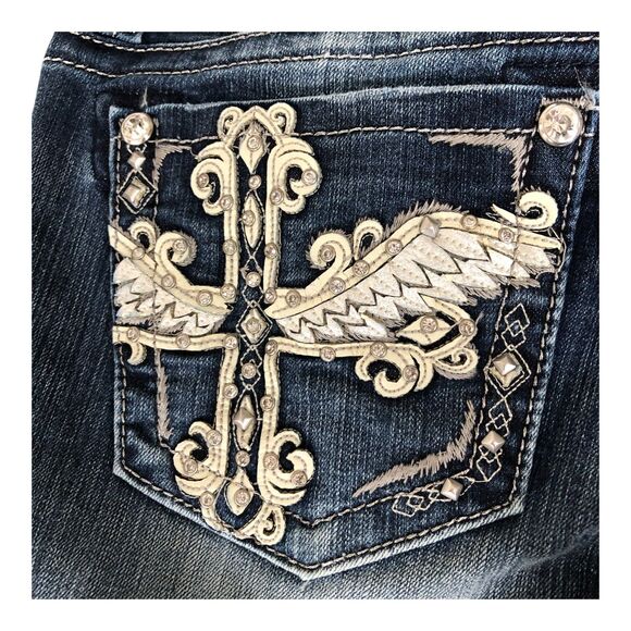 Miss Me Thick Stitched Retro Y2K Low Rise Boot Cut Denim Womens Jeans 28x34 - Picture 12 of 16